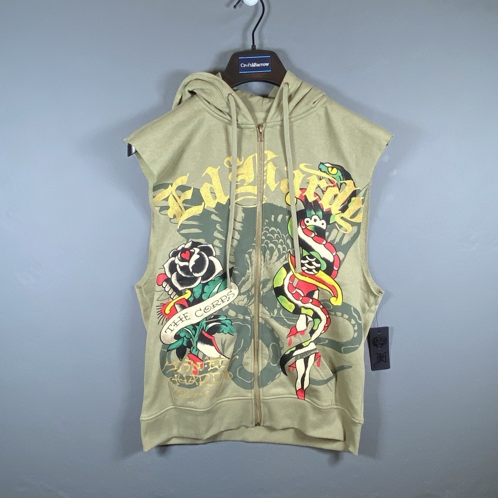 Ed Hardy Jacket Vest‎ Size Small Full Zip Sleeveless Dagger Tattoo Snake Hoodie